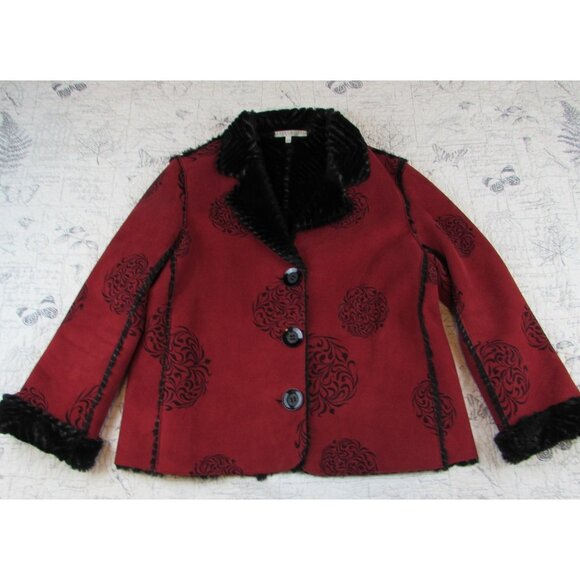 ROBERT KITCHEN Red Faux Suede Black Fur Reversible Jacket Boho Lagenlook XL - Picture 1 of 9